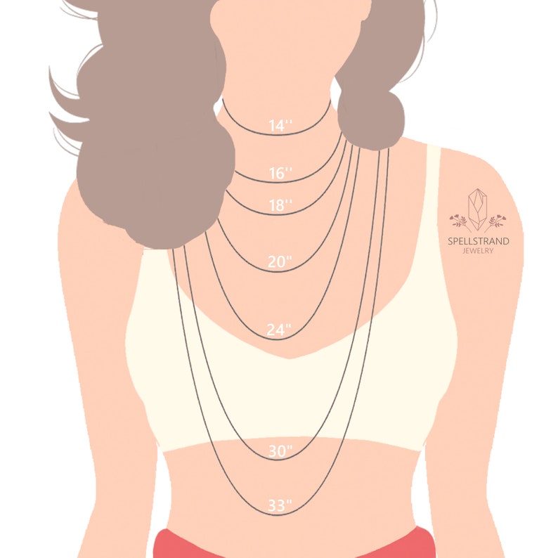 May include: A diagram showing different necklace lengths on a model, ranging from 14 inches to 33 inches. The lengths are labeled in inches.