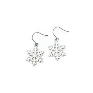 May include: Silver snowflake dangle earrings with a simple design.