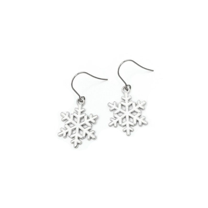 May include: Silver snowflake dangle earrings with a simple design.