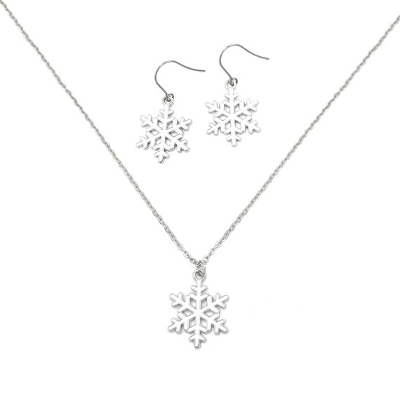 Snowflake Jewelry Set for Women, Silver Necklace and Earring Set, Christmas Gifts for Her, Stocking Stuffers for Teens, White Snowflakes