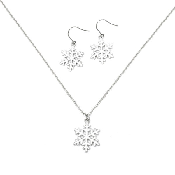 Snowflake Jewelry Set for Women, Silver Necklace and Earring Set, Christmas Gifts for Her, Stocking Stuffers for Teens, White Snowflakes