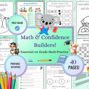 May include: A set of 40 printable worksheets for first grade math practice. The worksheets feature a variety of math concepts, including addition, subtraction, greater than/less than, missing numbers, and telling time. The worksheets are designed to help students build confidence in their math skills. The worksheets are illustrated with cute cartoon animals.