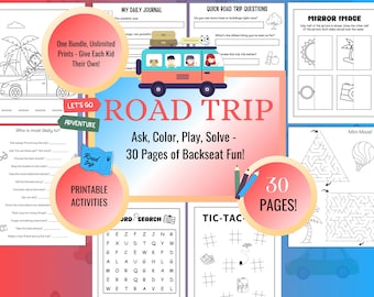 May include: A colorful printable activity pack for kids, themed around road trips. Includes mazes, word searches, journal pages, and more. Features a bus illustration and the text "Road Trip".