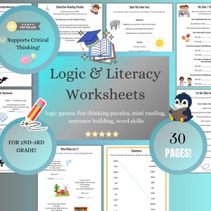 Può includere: Fogli di lavoro di logica e alfabetizzazione per la 2a-3a elementare, con mini comprensione della lettura, enigmi investigativi ed esercizi di costruzione di frasi. Contiene 30 pagine di contenuti educativi.