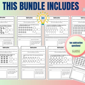 May include: A set of printable worksheets for kids to practice subtraction. The worksheets feature word problems with illustrations and number lines to help solve the problems. The worksheets are titled "Subtraction" and include the words "fun subtraction questions!" and "MATH".