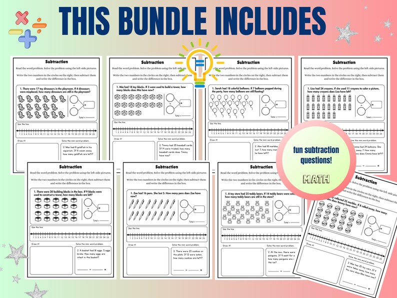 May include: A set of printable worksheets for kids to practice subtraction. The worksheets feature word problems with illustrations and number lines to help solve the problems. The worksheets are titled "Subtraction" and include the words "fun subtraction questions!" and "MATH".