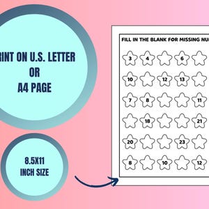 May include: A printable worksheet with a black and white design of stars with numbers inside. The worksheet is titled "Fill in the blank for missing numbers".