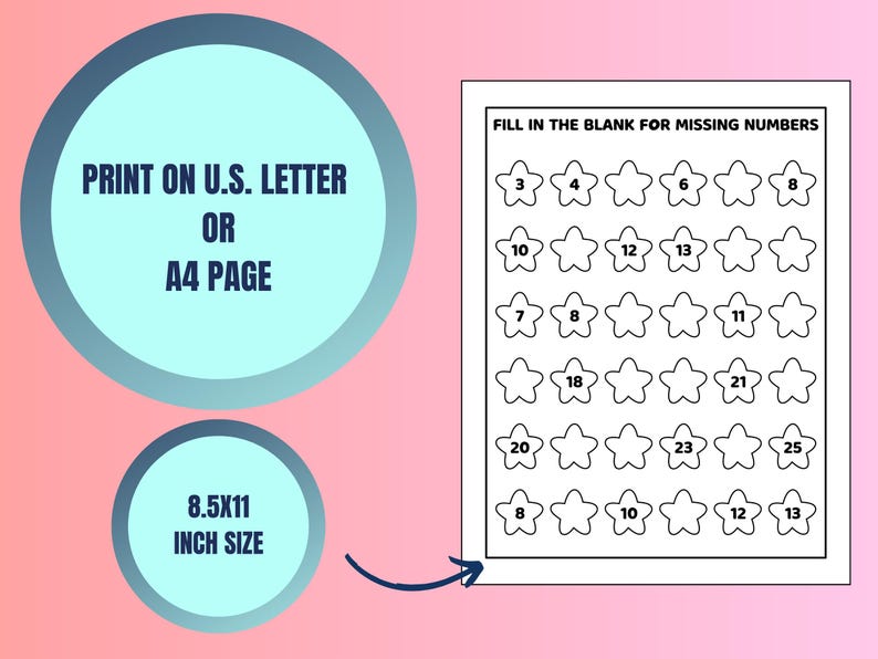 May include: A printable worksheet with a black and white design of stars with numbers inside. The worksheet is titled "Fill in the blank for missing numbers".
