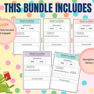 May include: A set of printable "Would You Rather" worksheets for kids. Each worksheet features two words and prompts children to choose which they would rather do, write a sentence using the word, and draw a picture of their choice. The worksheets are designed to strengthen early literacy skills.