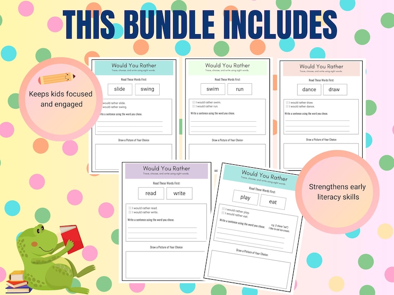 May include: A set of printable "Would You Rather" worksheets for kids. Each worksheet features two words and prompts children to choose which they would rather do, write a sentence using the word, and draw a picture of their choice. The worksheets are designed to strengthen early literacy skills.