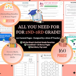May include: Educational worksheets for 2nd and 3rd grade pupils. The image shows 160 pages of curated content covering maths, reading, and writing skills. Includes bestselling bundles and bonus pages. Designed by a mom and teacher.