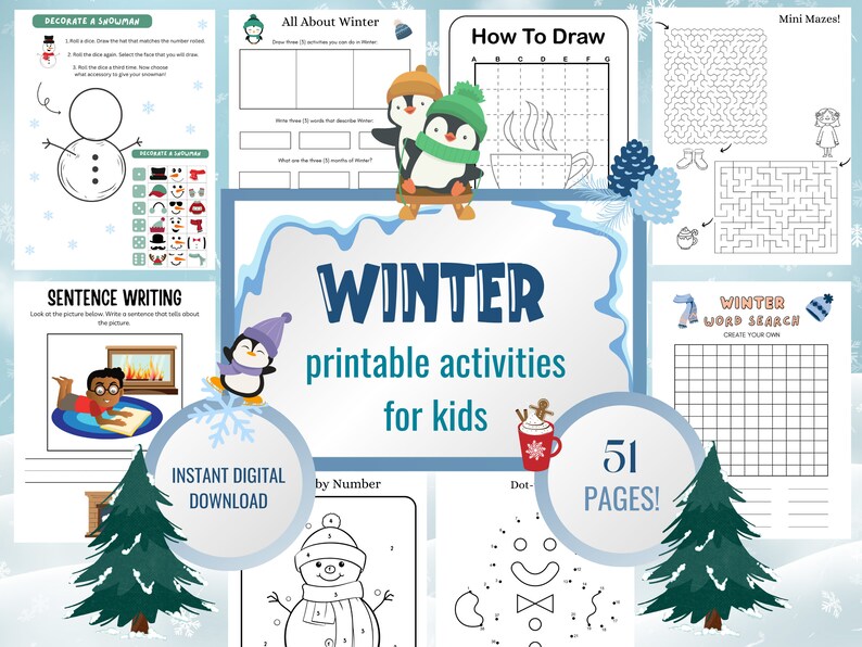 Kids Winter Activities, Printable Winter Activity Bundle, Coloring ...