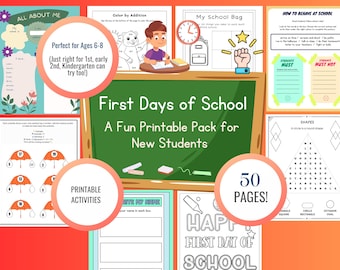 May include: A colorful printable pack titled "First Days of School" with 50 pages of activities for new students. Includes pages for "All About Me," "My School Bag," and "How to Behave at School." Designed for ages 6-8.