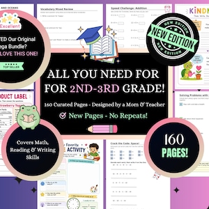 May include: A collection of educational worksheets for 2nd and 3rd grade students featuring 160 pages of math, reading, and writing exercises. The layout includes various activity sheets, a graduation cap icon, a pencil, and text overlays.