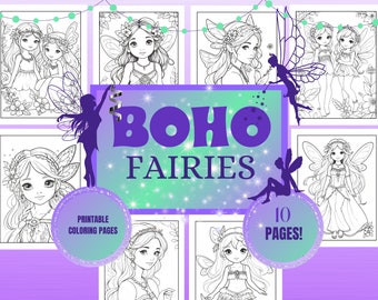 Boho Fairy Coloring Pages | Girls Activity Printables | Girls Party Favors (PDF Download)
