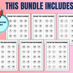 May include: A printable worksheet set for kids to practice comparing numbers. The worksheet has seven pages with the instructions "Color the larger number" and "Color the smaller number". Each page has a grid of circles with numbers inside. The numbers range from 2 to 29.