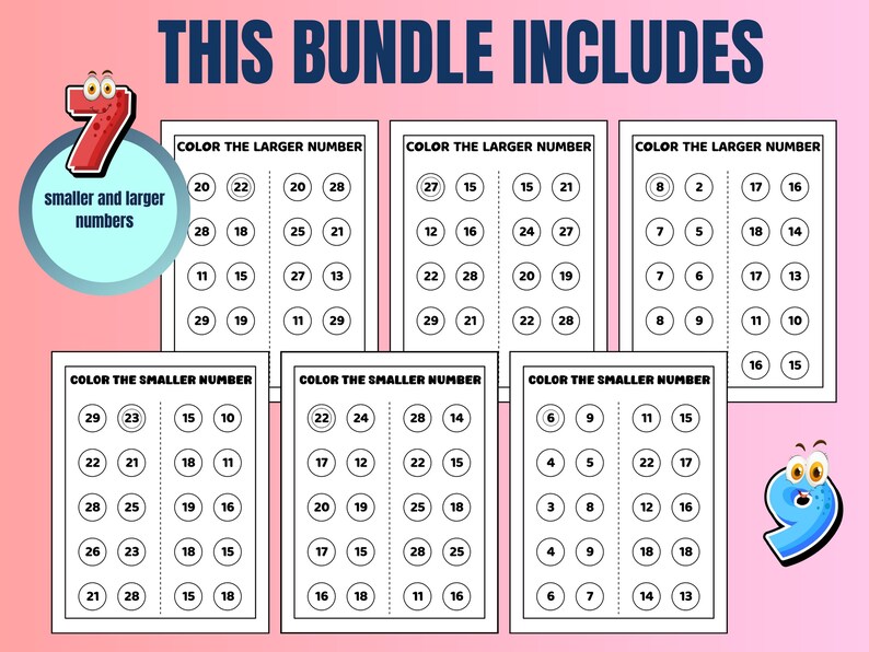 May include: A printable worksheet set for kids to practice comparing numbers. The worksheet has seven pages with the instructions "Color the larger number" and "Color the smaller number". Each page has a grid of circles with numbers inside. The numbers range from 2 to 29.