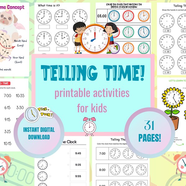 Telling Time Printable, Teaching Time Bundle, Teach Kids to Tell Time, Telling Time Clock Worksheets, Learning Activities for Kids