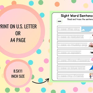 May include: A printable worksheet for kids to practice reading and tracing sight words. The worksheet features a colorful background with polka dots and includes sentences with the word "see" and pictures of a sky, ladybug, muddy pig, spider, flowers, blue bird, and friends.