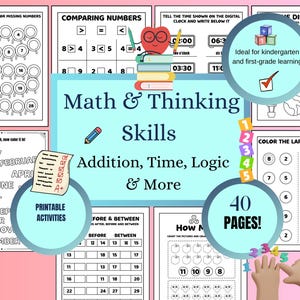 Pode incluir: Um pacote de folhas de trabalho imprimíveis coloridas para crianças que apresenta habilidades matemáticas e de pensamento. As folhas de trabalho incluem atividades para comparar números, dizer a hora, lógica, adição e muito mais. O pacote inclui 40 páginas de atividades imprimibles.