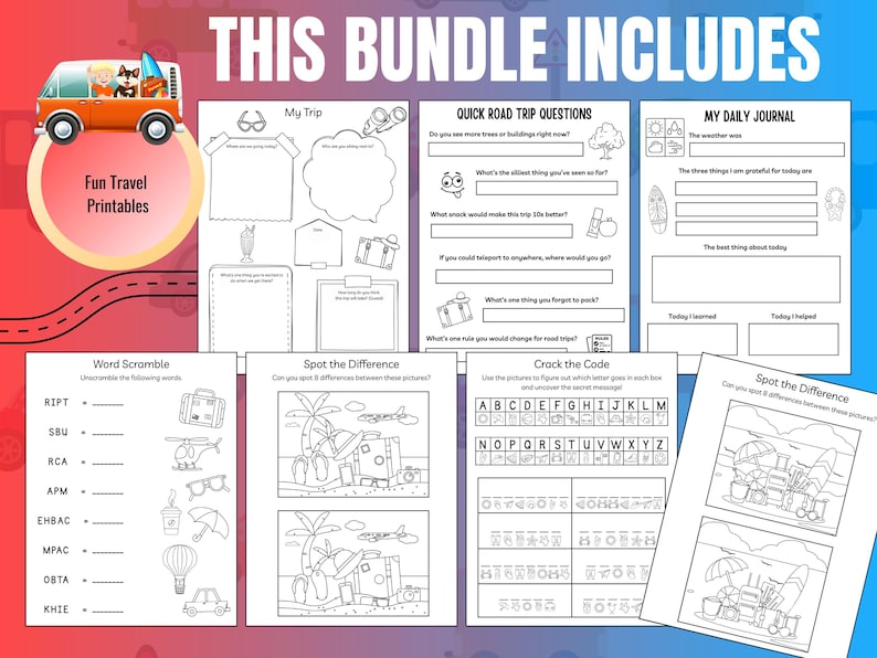 Fun Worksheets For Car Rides Road Trip Games | Kids Car Activity Worksheets | Fun Travel Activities ...