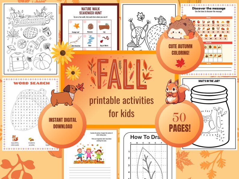 Fall Kids Activities, Fall Printable Activity, Autumn Activities, Autumn Coloring Pages, Fall Scavenger Hunt, Autumn Activity Bundle