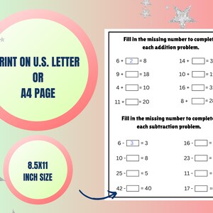 May include: A printable worksheet with addition and subtraction problems for kids. The worksheet has a pink and green background with silver stars. The text on the worksheet says "Fill in the missing number to complete each addition problem." and "Fill in the missing number to complete each subtraction problem."