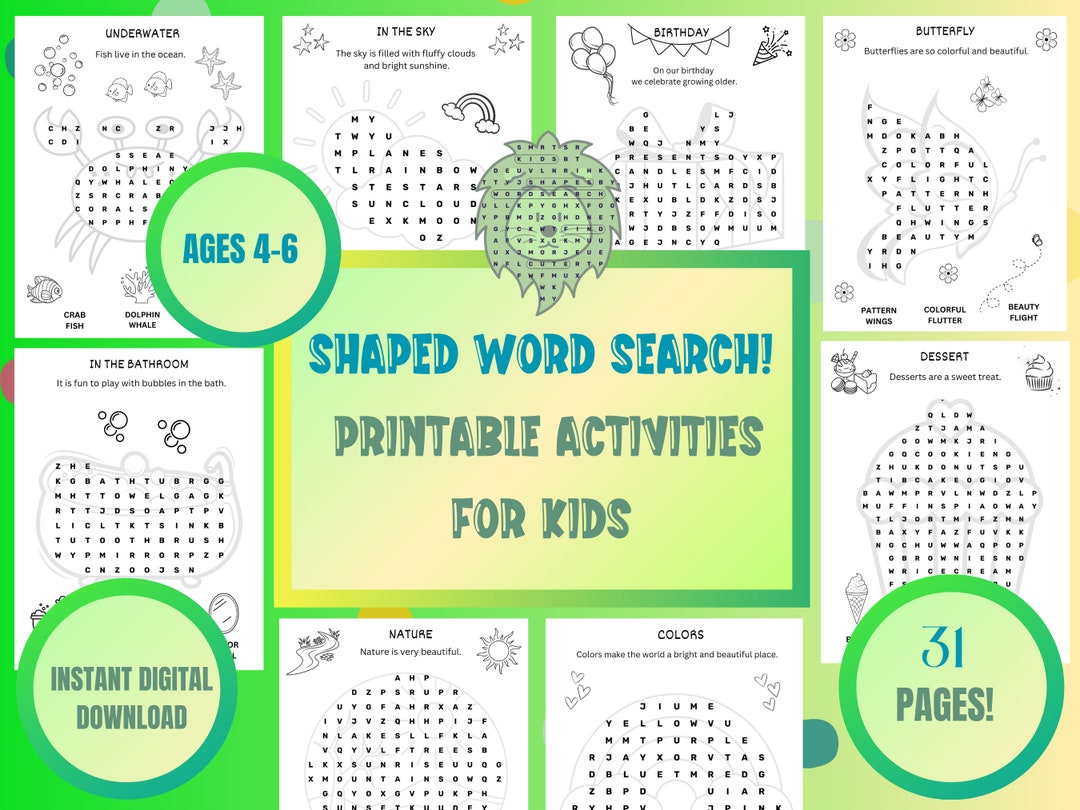 31 Word Search Puzzles for Kids Ages 4-6 Printable Activity - Etsy New ...