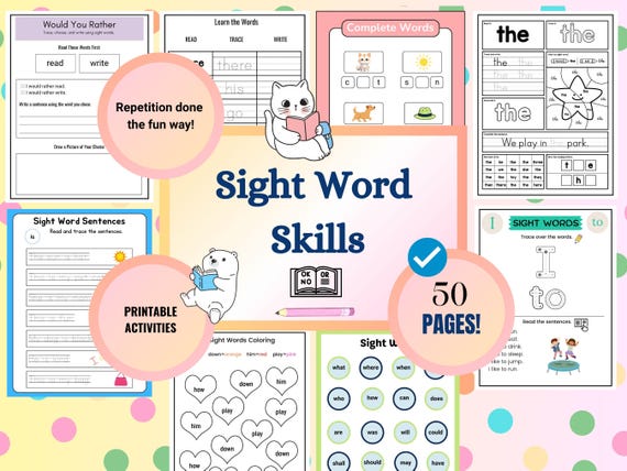 Sight Word Worksheets | Preschool | Kindergarten & 1st Grade Reading Printables | Spelling | ELA (PDF Download)