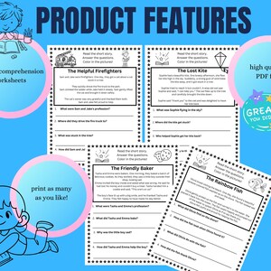 May include: A set of printable reading comprehension worksheets for children. Each worksheet features a short story with illustrations and questions to answer. The stories include "The Helpful Firefighters", "The Lost Kite", "The Friendly Baker", and "The Rainbow Fish".