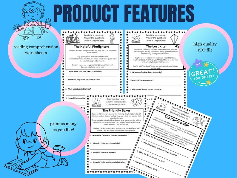 May include: A set of printable reading comprehension worksheets for children. Each worksheet features a short story with illustrations and questions to answer. The stories include "The Helpful Firefighters", "The Lost Kite", "The Friendly Baker", and "The Rainbow Fish".