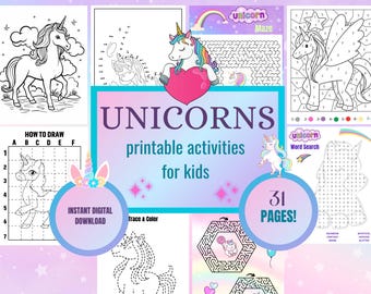 May include: A set of 31 printable unicorn-themed activity pages for kids. The pages include a unicorn maze, a unicorn word search, a connect-the-dots activity, a how-to-draw unicorn, and a trace and color activity. The pages are designed for children to enjoy and learn.