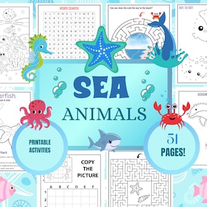 海の動物のぬり絵、子供向けぬり絵、印刷可能なぬり絵、子供向けの海のぬり絵、子供向けアクティビティ、子供向け印刷可能
