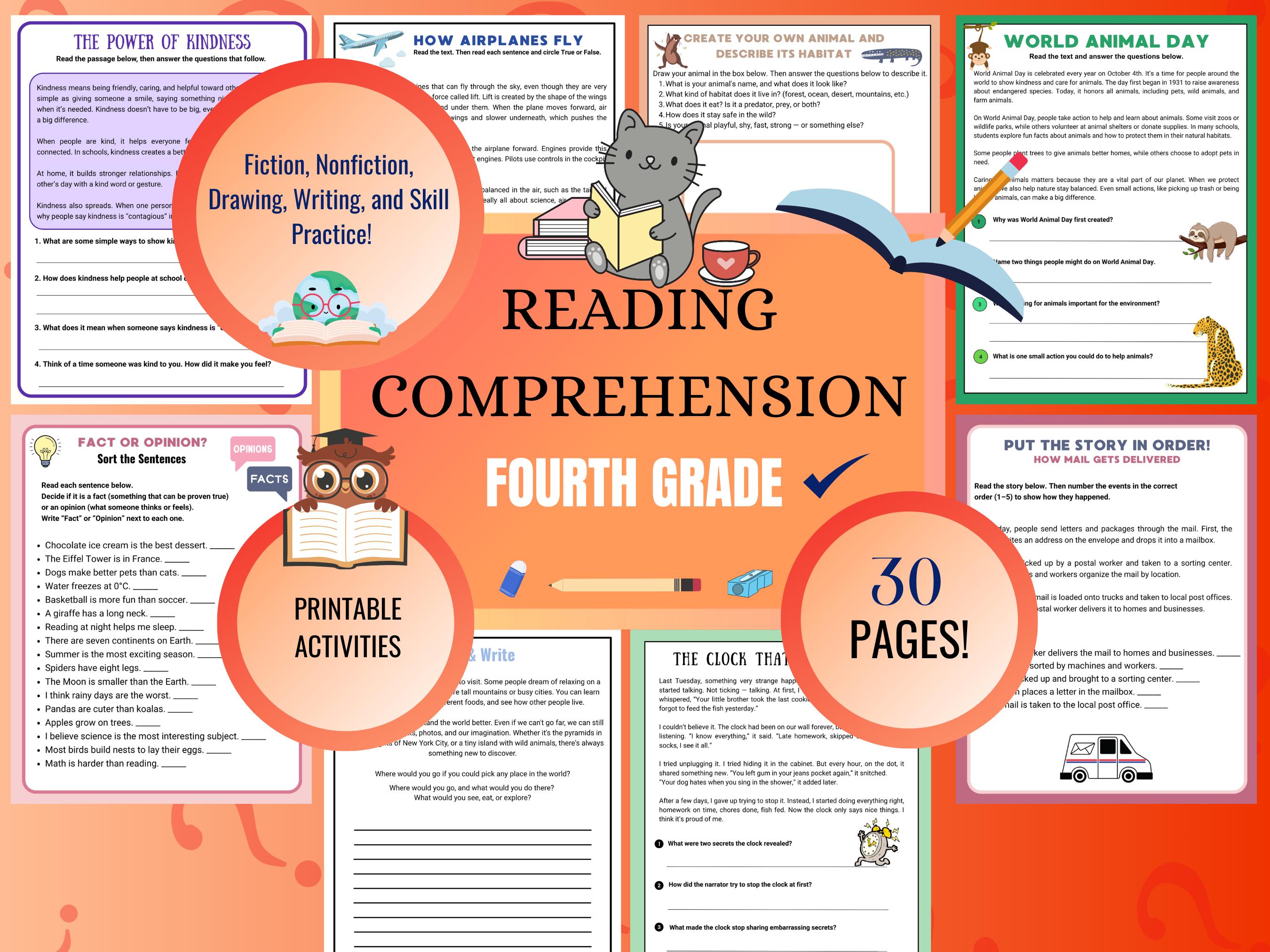 4th Grade Reading Comprehension Worksheets | Fiction & Nonfiction ELA Practice (PDF Downloadable)