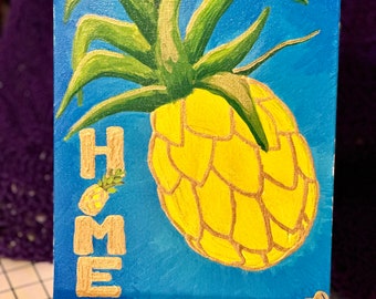 Chic Pineapple Home Sign, Hand Painted on Canvas Panel Blue and Bright Yellow Original Acrylic Painting