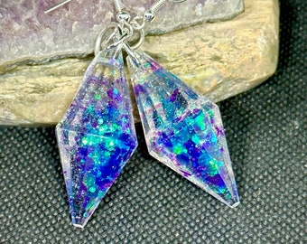 Iridescent Purple & Blue Resin Crystal Prism Pendulum Dangly Earrings