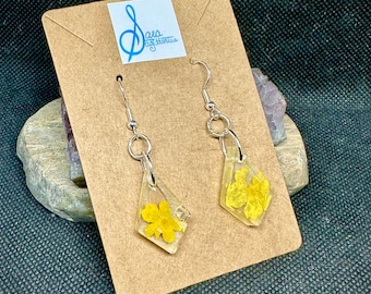 Dainty Yellow Lantana Desert Flower Diamond Shaped Dangly Earrings Pressed Flowers Floral Accessories