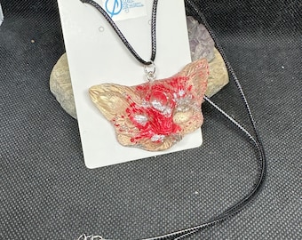 Grungy Red & Silver Third Eye Demon Kitty Pendant Necklace