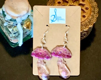 Sweet Pink & Purple Sparkle Kawaii Cute Cottagecore Mushroom Fungi Dangly Earrings