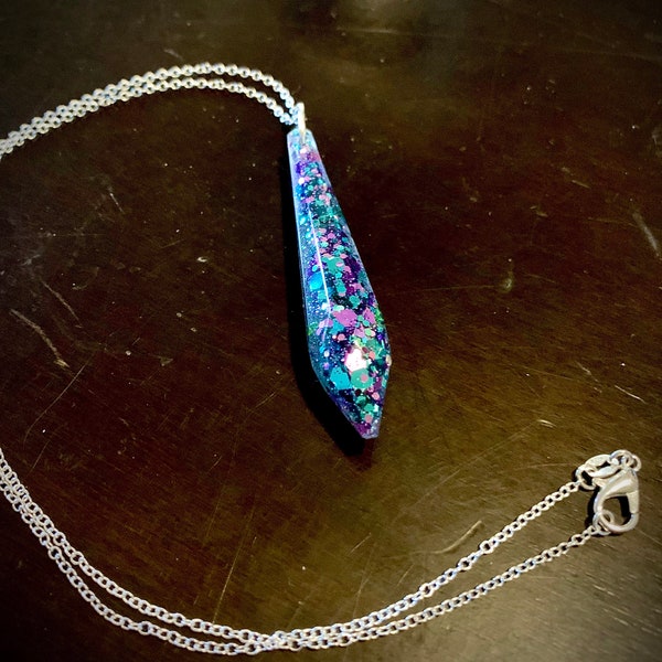 Smooth Purple & Teal Sparkly Handmade Crystal Resin Prism Pendant on Simple Silver-Plated Chain Necklace