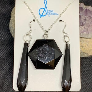 Black Faux Onyx Prism Resin Crystal Earrings and Gem Shaped Pendant Necklace Set