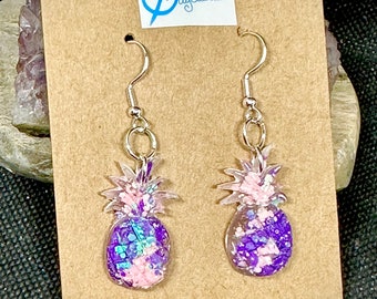 Purple and Pink Shimmery Pineapple Earrings Dangly Cute Handmade Glitter Jewelry Gifts for Girls