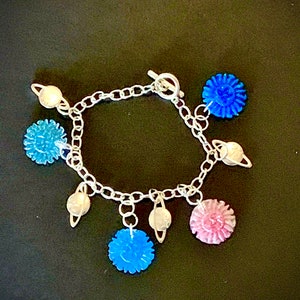 Sun & Saturn Handcrafted Blue Charm Bracelet Space Nerdy Girl Cosplay Cute Kawaii Alt Unique Gift Ideas