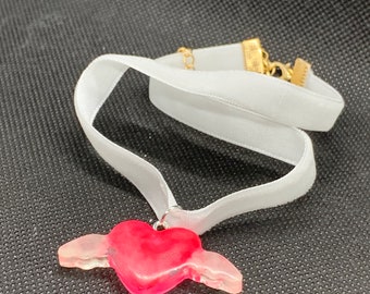 Pink Glow-In-The-Dark Heart with Wings Pendant Choker Necklace Kawaii Style Cute Retro 2000s Fashion Throwback
