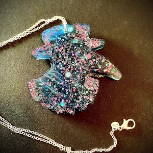 Stunning Pink and Blue Galaxy Design Plague Doctor Resin Pendant Necklace Funky Jewelry Unique Weird Nerdy Space