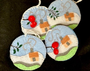 Rustic Snowy Scene Hand Embroidered Holiday Christmas Ornaments Unique Gifts Ready To Ship