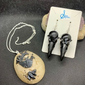 Black Raven Skull Earrings & Dragon Egg Pendant Resin Jewelry Set, Medieval Gothic Renaissance Style