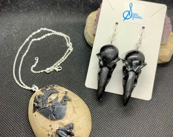 Black Raven Skull Earrings & Dragon Egg Pendant Resin Jewelry Set, Medieval Gothic Renaissance Style