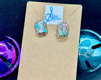 Pink & Turquoise Glitter Gem-Shaped Stud Earrings Sparkly Handmade Jewelry