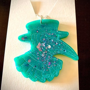 Teal with Purple Sparkles Oversized Plague Doctor Resin Pendant Necklace
